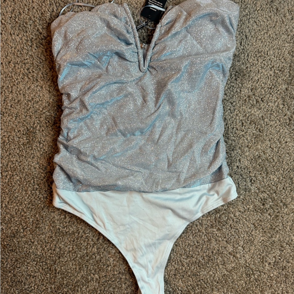 Light Blue Glitter/Metallic Ruched Bodysuit